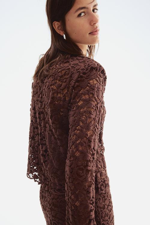 Shoulder-pad lace blouse - dark brown 