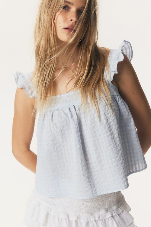 Cotton seersucker top - light blue checked