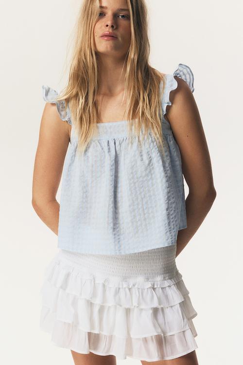 Cotton seersucker top - light blue checked