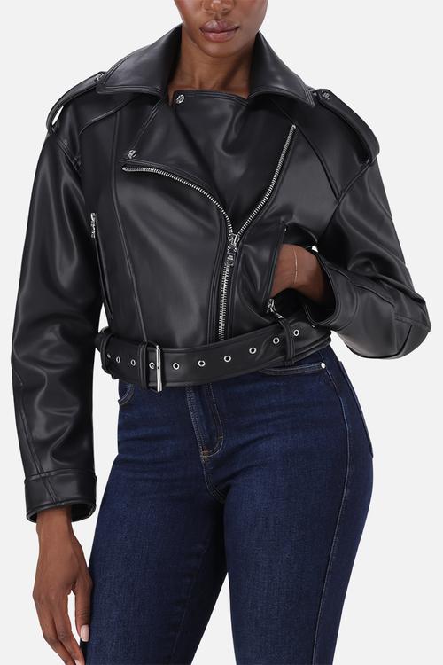 Ladies laura vegan leather biker jacket - black
