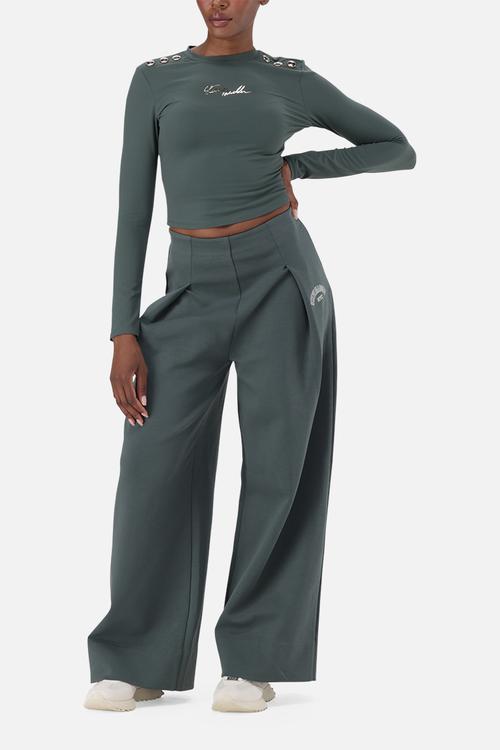 Ladies riley long sleeve top with poppers  - dark sage