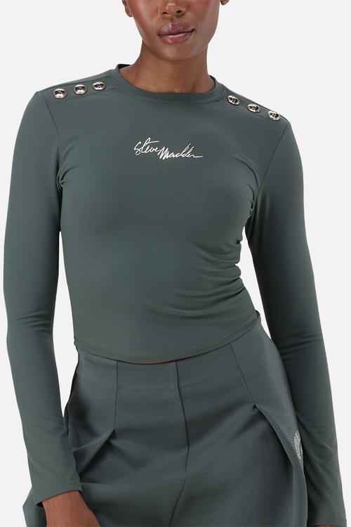 Ladies riley long sleeve top with poppers  - dark sage