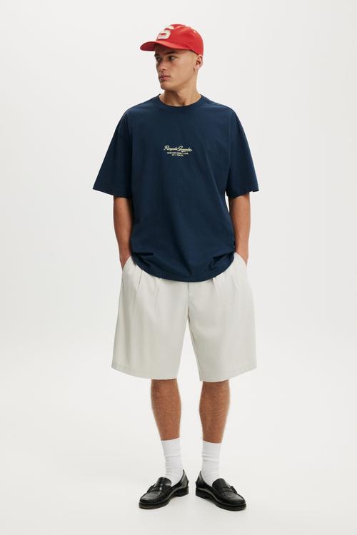 Box Fit Text T-Shirt - Auto Navy/World Globe