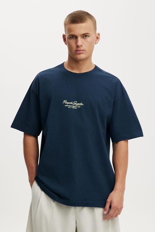 Box Fit Text T-Shirt - Auto Navy/World Globe