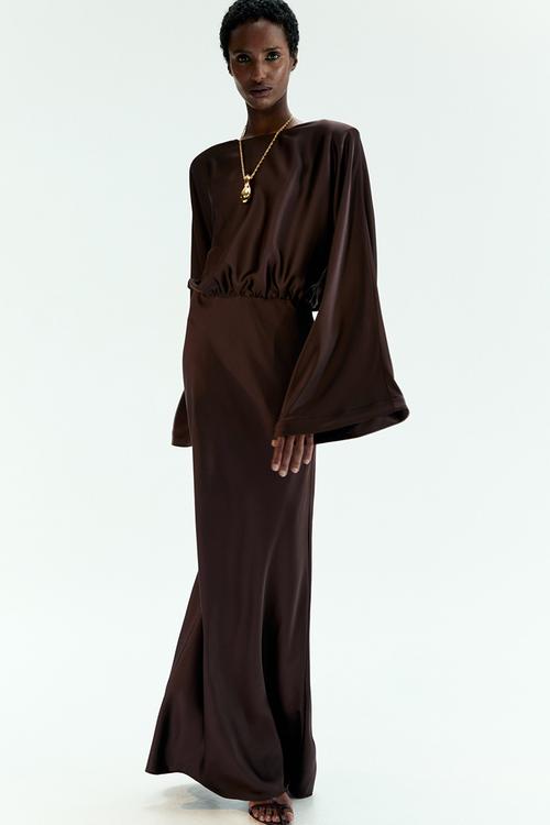 Shoulder-pad satin dress - dark brown