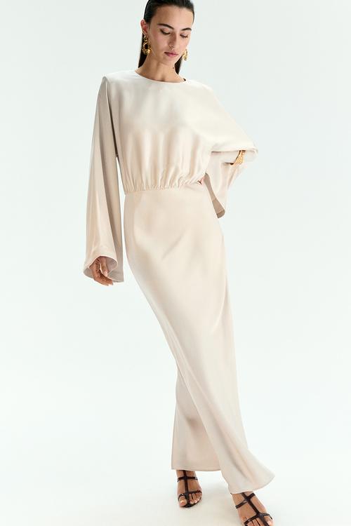 Shoulder-pad satin dress - light beige