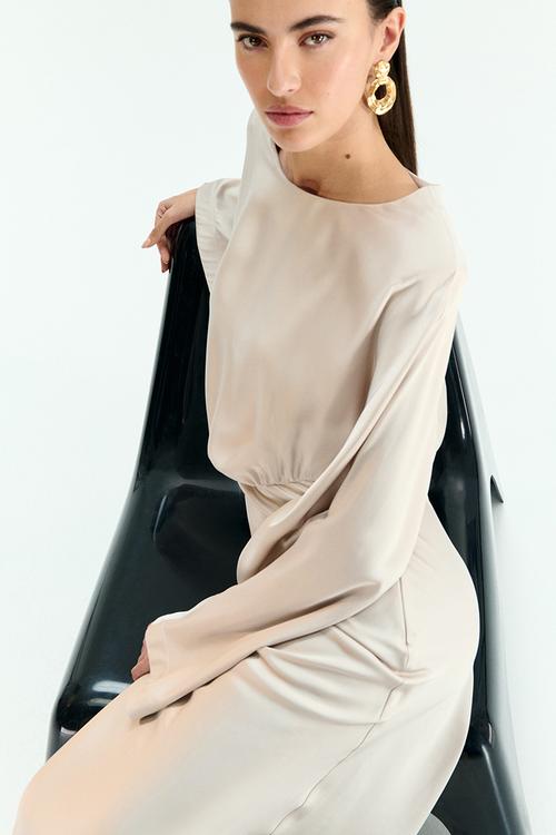 Shoulder-pad satin dress - light beige