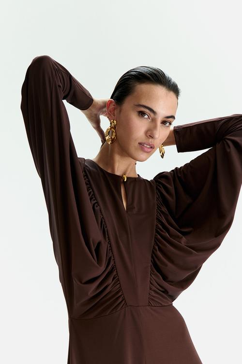 Gathered jersey dress - dark brown 