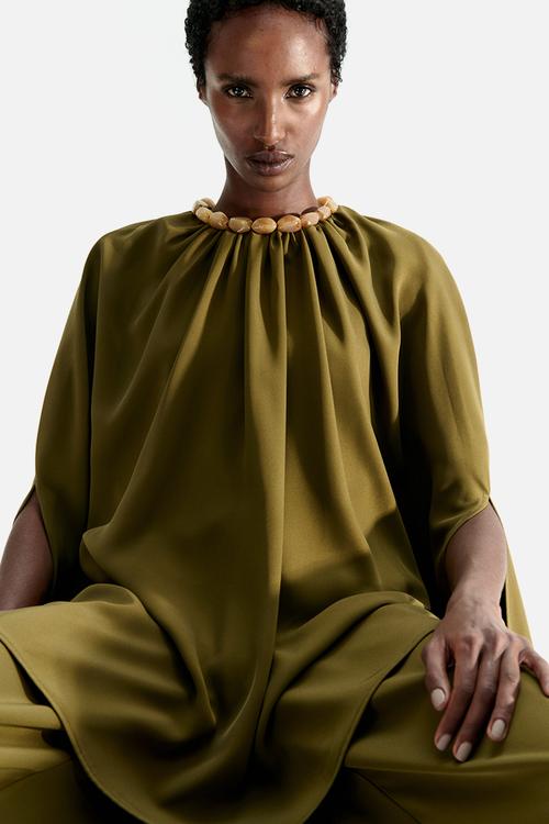 Bead-detail cape blouse - dark khaki green