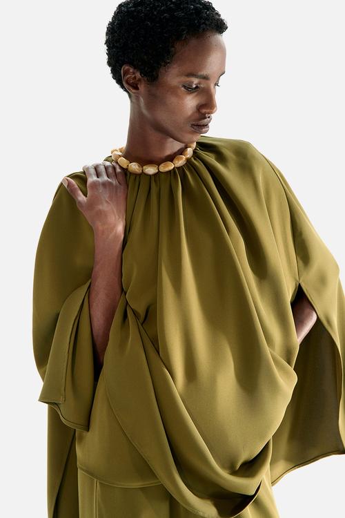 Bead-detail cape blouse - dark khaki green