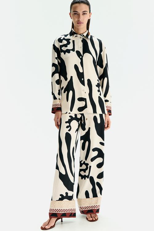 Wide drawstring trousers - cream & black patterned 