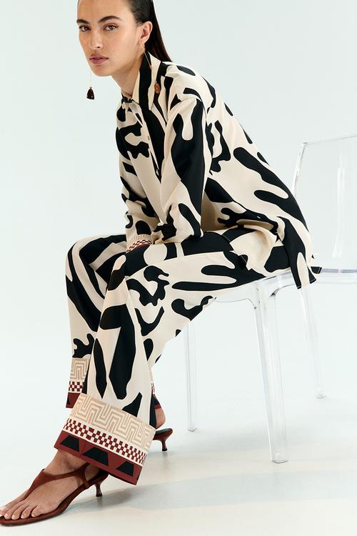 Wide drawstring trousers - cream & black patterned 