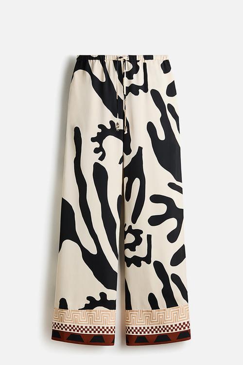 Wide drawstring trousers - cream & black patterned 