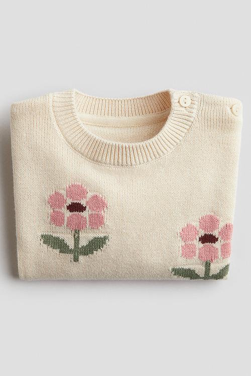 Jacquard-knit jumper - light beige/flowers