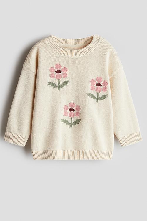 Jacquard-knit jumper - light beige/flowers