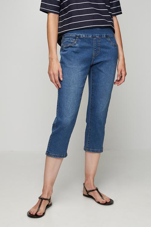 Wide Waistband Crop Length Pull On Denim Jegging - Mid Denim