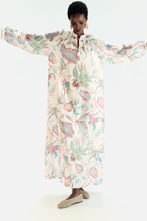 Loose-fit dress - light beige floral 