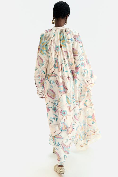 Loose-fit dress - light beige floral 