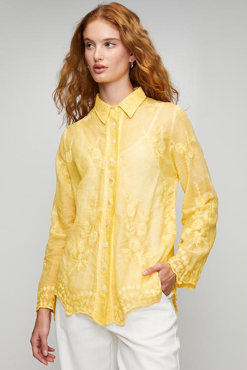 L/S Embroidered Voile Blouse With Hem And Sleeve Scallop - Yellow