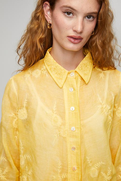 L/S Embroidered Voile Blouse With Hem And Sleeve Scallop - Yellow