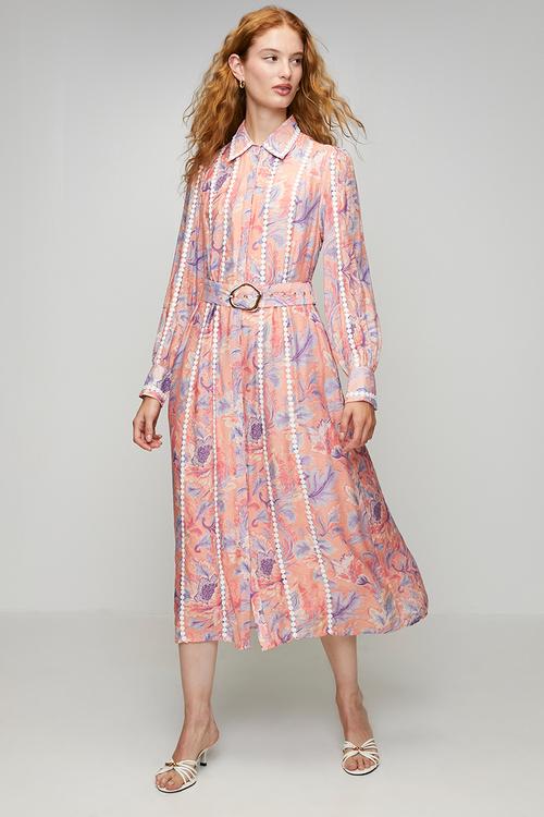 L/S Lightweight Button Through Maxi Dress With Belt And Trim Detail - Multi White