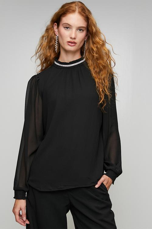 L/S Sheer Blouse With Embelishment On High Neck - Black