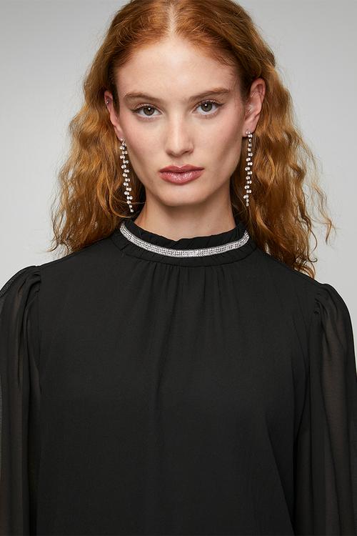L/S Sheer Blouse With Embelishment On High Neck - Black