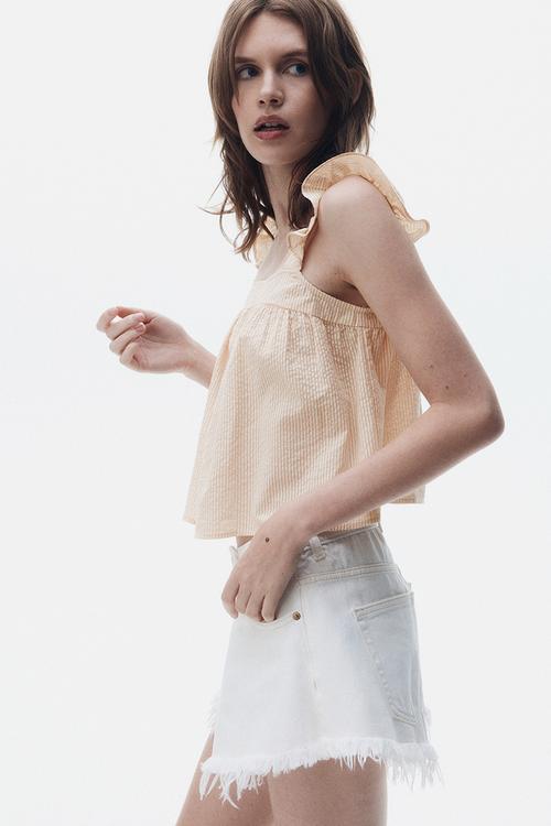 Cotton seersucker top - light beige striped