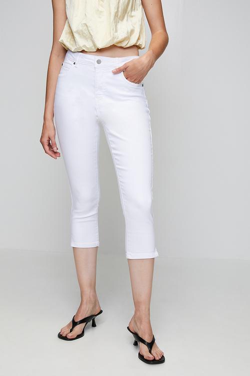 Mid Waist 5 Pocket Crop Length Overdye Jean With Side Slit - White