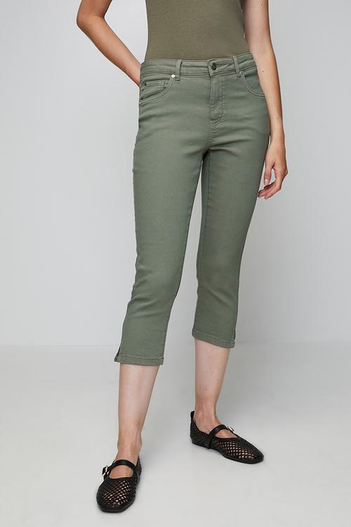 Mid Waist 5 Pocket Crop Length Overdye Jean With Side Slit - Khaki