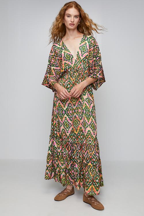 V-Neck Easy Wearing Kaftan Maxi Dress - Amber