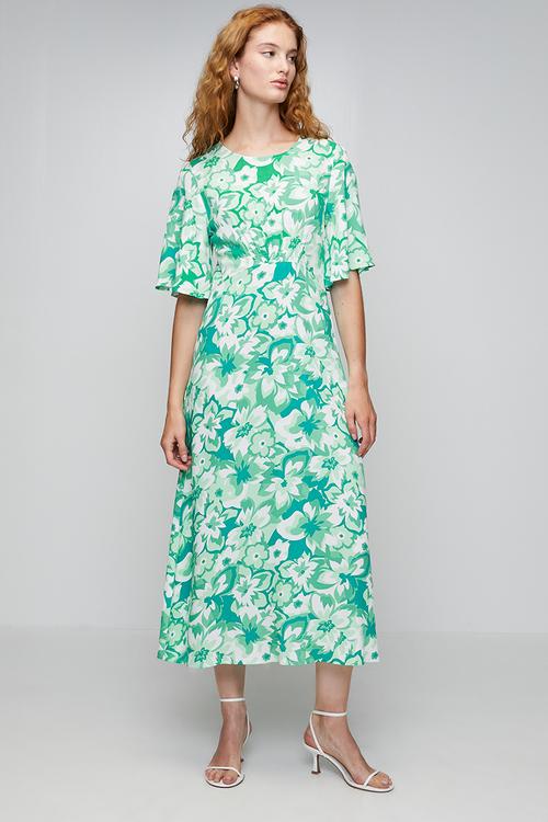 Easy Wearing Maxi Dress With Waist Seam Line And Smock Detail - Teal