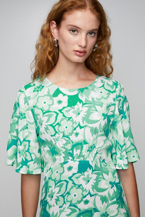 Easy Wearing Maxi Dress With Waist Seam Line And Smock Detail - Teal