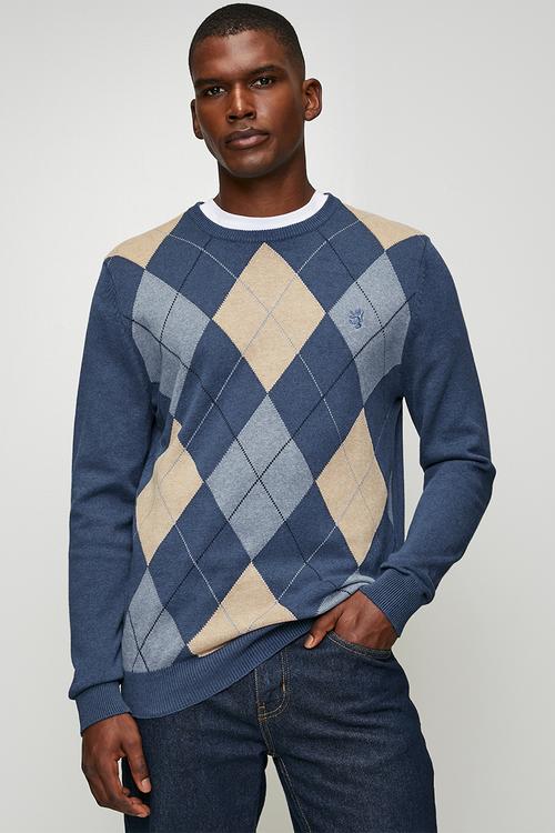 Paul Argyle Crew Knitwear - Blue