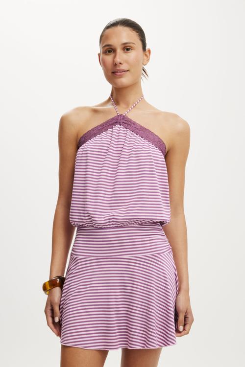 Chloe halter mini dress - madi stripe mystic plum/lavendula