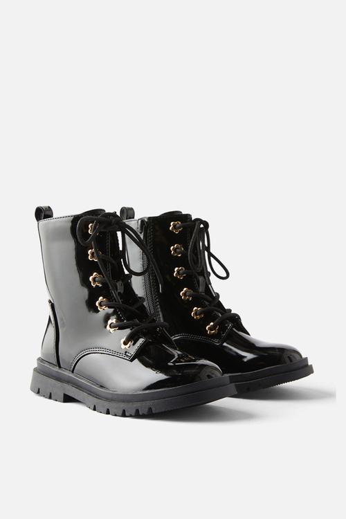 Combat lug boot - black patent/gold flower eyelets