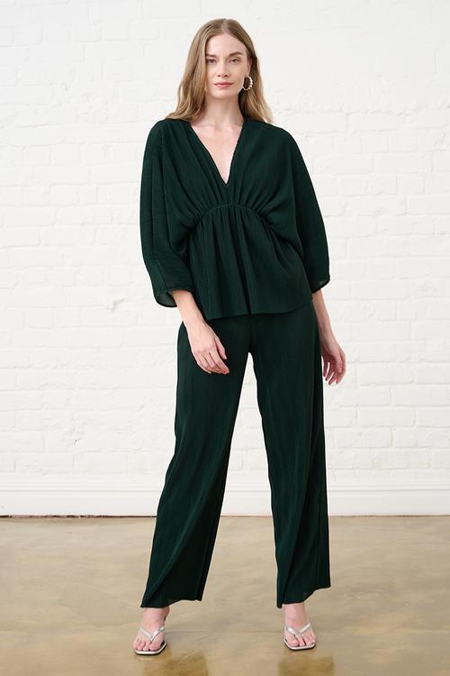 Kimono Plisse Top - Bottle Green