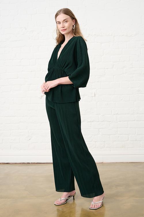 Kimono Plisse Top - Bottle Green