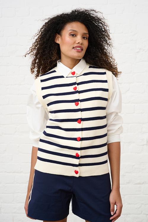 Knitwear Vest with Heart Buttons - Navy Stripe