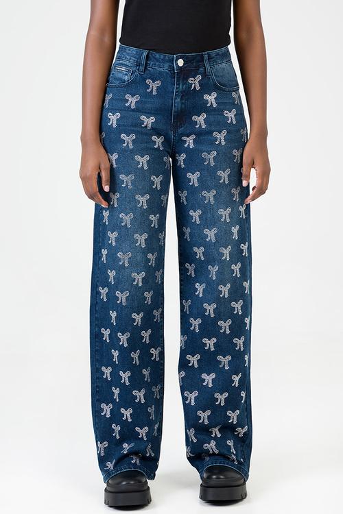 Nyla Wide Leg Jeans Mid Waist Wide Leg With All Over Bow Bling - Dark Vintage