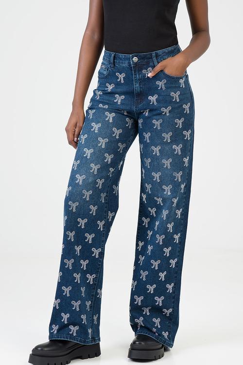 Nyla Wide Leg Jeans Mid Waist Wide Leg With All Over Bow Bling - Dark Vintage