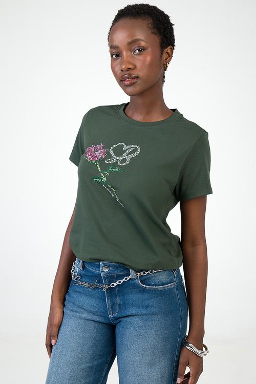 Feel Something T-Shirt Regular Tshirt With Rose Transfer - Green
