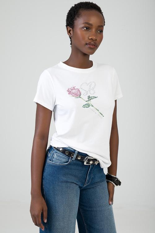 Feel Something T-Shirt Regular Tshirt With Rose Transfer - White