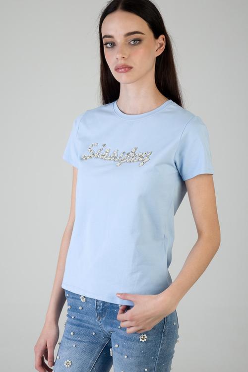 Keep It Cool T-Shirt Regular Tshirt With Raised Pearl And Bling - Pale Blue