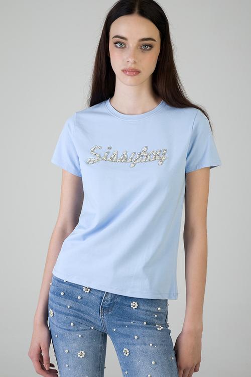 Keep It Cool T-Shirt Regular Tshirt With Raised Pearl And Bling - Pale Blue