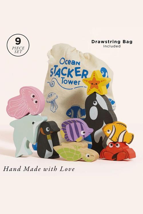10 pcsWooden Ocean Life Stacking Animals & Bag - multi