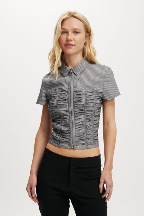 Riley gathered shirt - bonnie pinstripe steel onyx