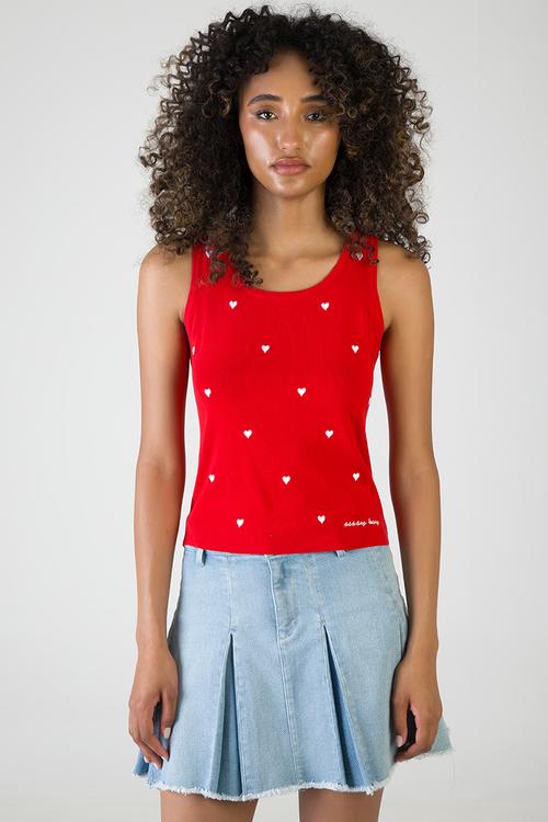 Heartbreak Hotel Sleeveless Knitwear Vest Top With Embroidered Hearts - Red