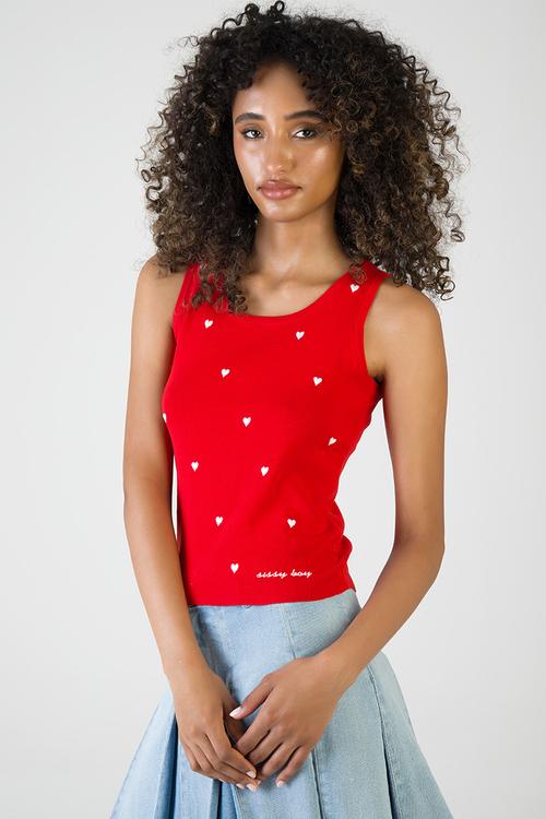 Heartbreak Hotel Sleeveless Knitwear Vest Top With Embroidered Hearts - Red