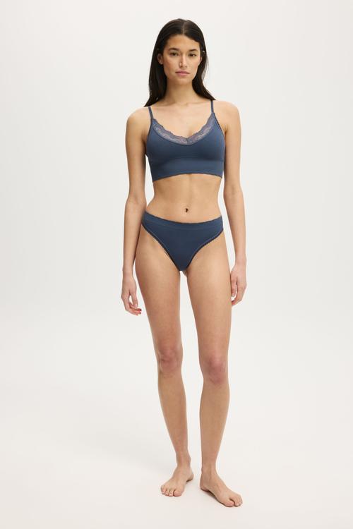 Seamless Longline Lace Trim Bralette - Steely Blue Wash Texture